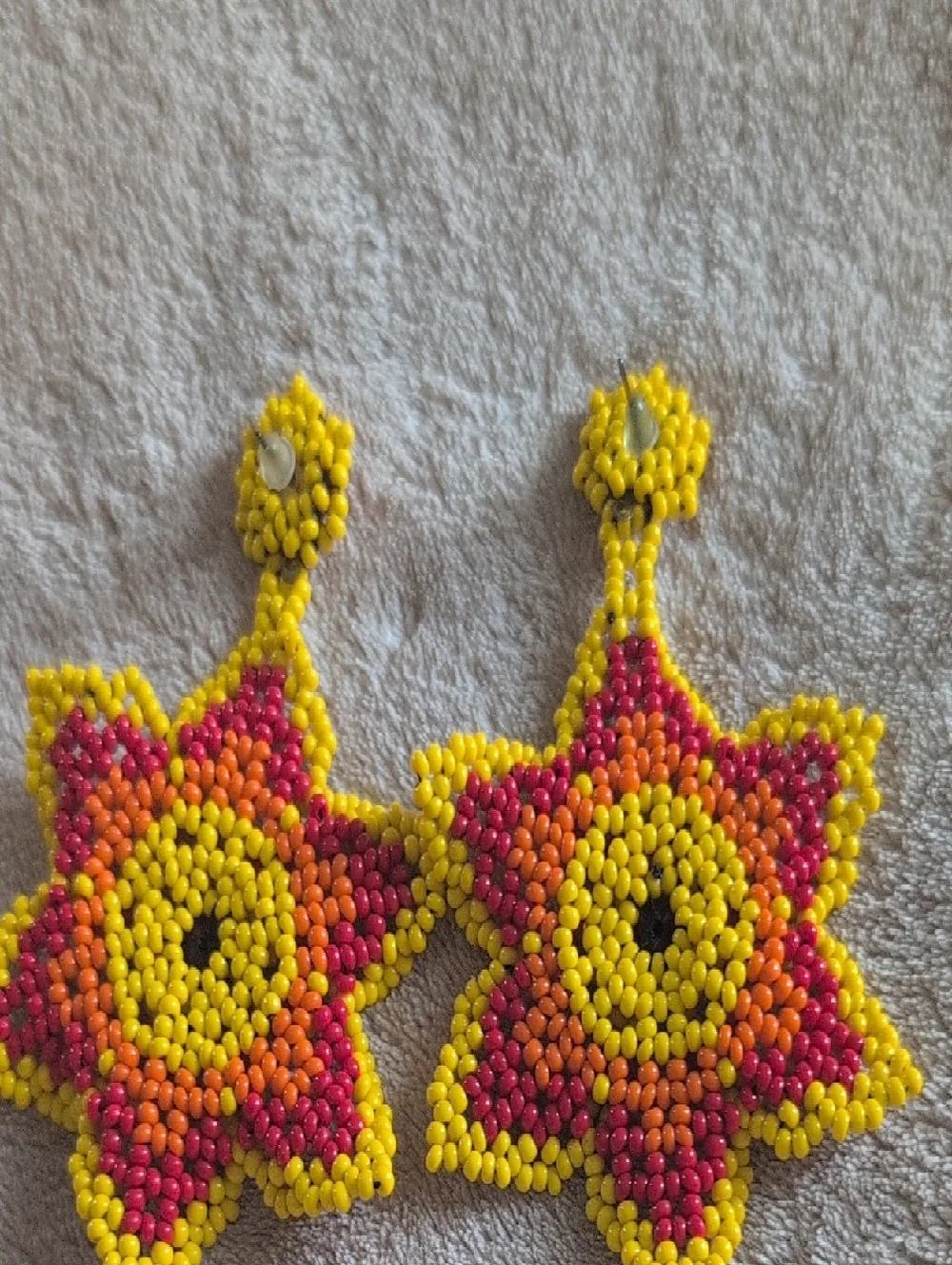 Handmade Yellow, Red & Orange Beaded Floral Statement Earrings